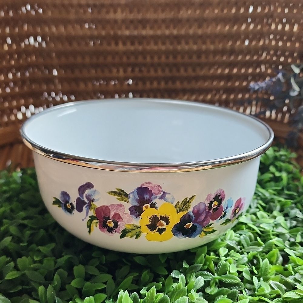 Vintage Enameled Metal Pansy Floral Bowl With Silver Tone Rim